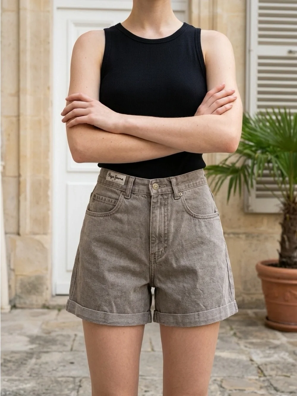 Pepe Jeans London High Rise Denim Shorts Taupe Cuffed Size 24 - Picture 3 of 12